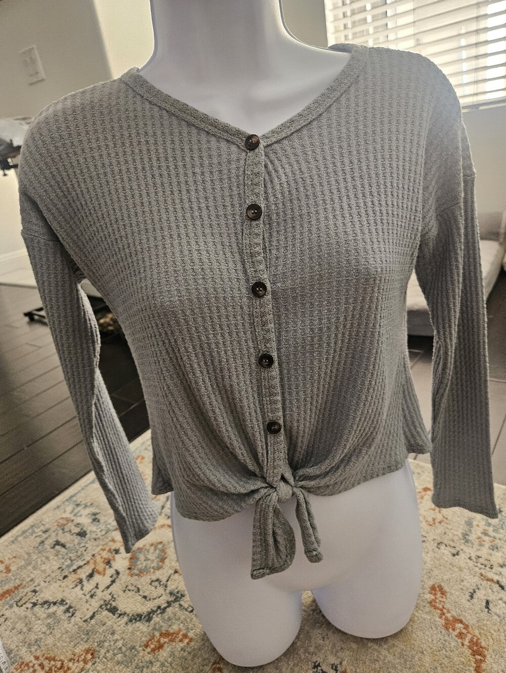 Tilly's Grey Waffle Knit Button-Front Tie Hem Top